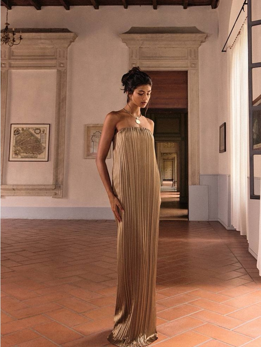 Strapless Pleated Maxi Dress in Gold